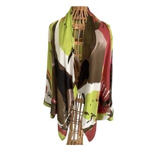 MarlaWynne Abstract Art Print Open Front Cardigan Pleated Trim Green Magenta M